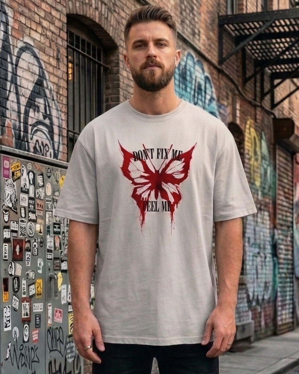 Man wearing a t-shirt with a red butterfly design in an urban setting with graffiti.
