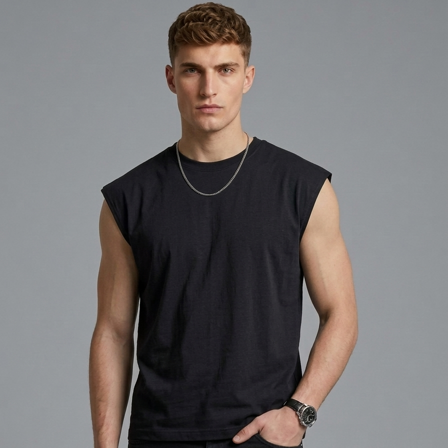 Man wearing a black sleeveless shirt and dark pants against a gray background