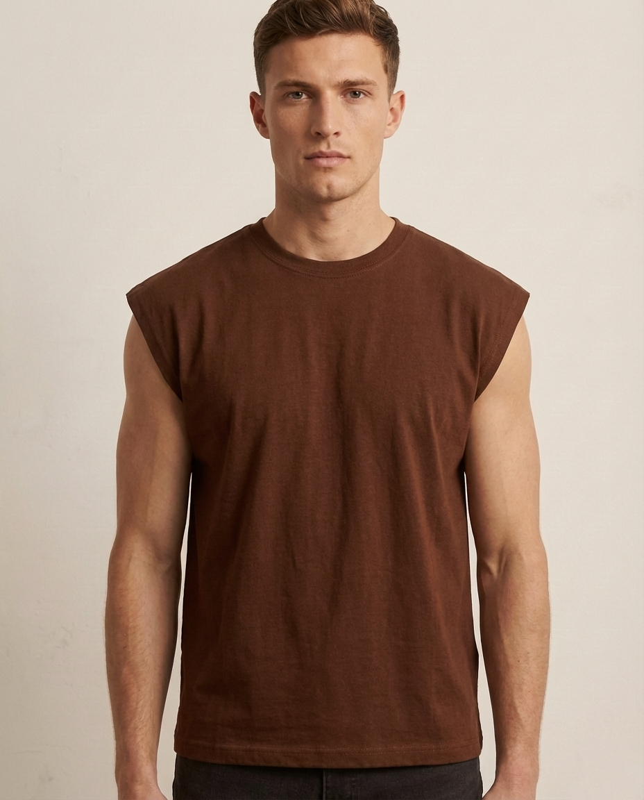 Man wearing a brown sleeveless shirt against a plain background