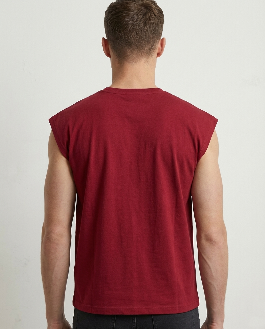 Man wearing a red sleeveless shirt on a plain background