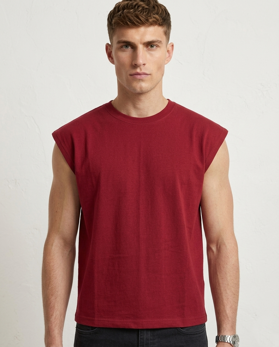 Man wearing a red sleeveless shirt against a plain background